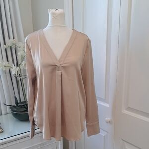 NWT Ann Taylor Womens Mixed Media Champagne Tan Dress Tunic Blouse V-Neck SM